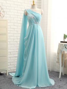 Zipper Quinceanera Court Dresses Aqua Blue for Prom and Party and Wedding Party with Beading and Ruching Brush Train