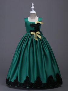 Sleeveless Taffeta Floor Length Zipper Girls Pageant Dresses in Dark Green with Appliques and Bowknot