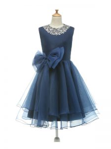 Custom Made Navy Blue A-line Tulle Scoop Sleeveless Beading and Bowknot Knee Length Zipper Little Girls Pageant Dress