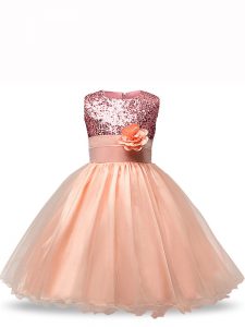 Peach Child Pageant Dress Wedding Party with Sequins and Hand Made Flower Scoop Sleeveless Zipper