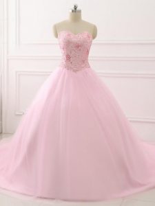 New Style Sweetheart Sleeveless Brush Train Lace Up Quinceanera Gowns Baby Pink Tulle