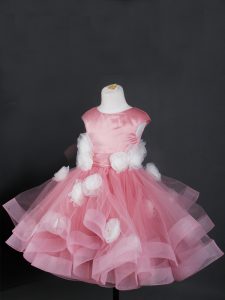 Bateau Cap Sleeves Pageant Dress for Teens Knee Length Ruffles and Hand Made Flower Pink Tulle