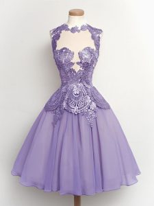 Knee Length Lilac Vestidos de Damas High-neck Sleeveless Lace Up