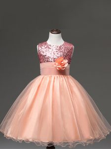 Eye-catching Knee Length Zipper Little Girl Pageant Gowns Peach for Wedding Party with Sequins and Hand Made Flower