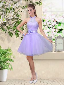 Classical Lilac Lace Up Halter Top Lace and Belt Quinceanera Court of Honor Dress Tulle Sleeveless