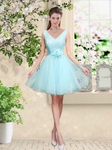 Top Selling Sleeveless Lace Up Knee Length Lace and Belt Court Dresses for Sweet 16