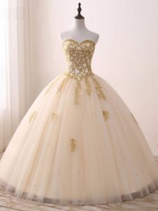 Beauteous Champagne Sleeveless Floor Length Beading and Lace and Appliques Lace Up Sweet 16 Quinceanera Dress