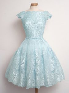 Light Blue Lace Lace Up Scalloped Cap Sleeves Knee Length Damas Dress Lace