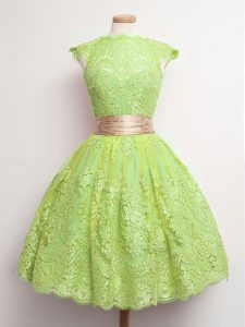 Best Selling Yellow Green Ball Gowns Lace High-neck Cap Sleeves Belt Knee Length Lace Up Vestidos de Damas