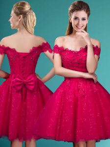Glorious Red A-line Lace and Belt Dama Dress Lace Up Tulle Cap Sleeves Knee Length