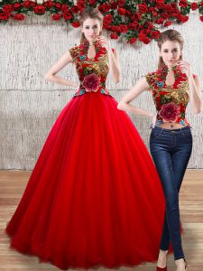 Exceptional Red High-neck Lace Up Appliques 15th Birthday Dress Sleeveless