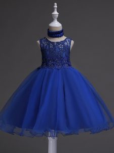 Customized Scoop Sleeveless Zipper Little Girls Pageant Gowns Royal Blue Organza