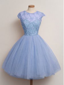 Blue Tulle Lace Up Scoop Cap Sleeves Knee Length Quinceanera Court of Honor Dress Lace