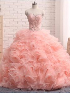 Pretty Pink Organza Zipper Sweetheart Sleeveless Floor Length Vestidos de Quinceanera Beading and Ruffles