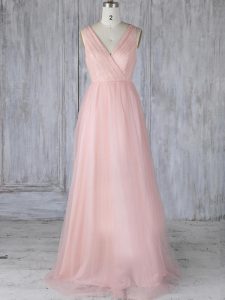 Baby Pink Tulle Zipper V-neck Sleeveless Floor Length Damas Dress Lace