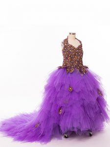 Tulle Halter Top Sleeveless Court Train Lace Up Ruffles Little Girls Pageant Dress Wholesale in Eggplant Purple