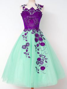 Apple Green A-line Straps Sleeveless Tulle Knee Length Lace Up Appliques Quinceanera Court of Honor Dress