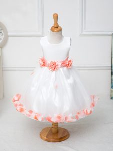 Appliques and Bowknot and Hand Made Flower Little Girls Pageant Dress White Zipper Sleeveless Knee Length