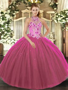 Tulle Halter Top Sleeveless Lace Up Embroidery Ball Gown Prom Dress in Fuchsia