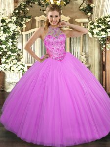 Cute Lilac Lace Up Halter Top Beading Vestidos de Quinceanera Tulle Sleeveless