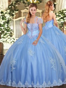 Light Blue Ball Gowns Strapless Sleeveless Tulle Floor Length Lace Up Beading and Appliques 15 Quinceanera Dress