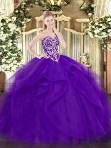 High Class Purple Tulle Lace Up 15 Quinceanera Dress Sleeveless Floor Length Beading and Ruffles