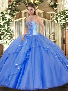 Fancy Sleeveless Floor Length Beading and Ruffles Lace Up 15th Birthday Dress with Blue