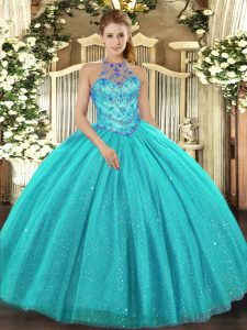 Dramatic Floor Length Aqua Blue Quince Ball Gowns Tulle Sleeveless Beading and Embroidery