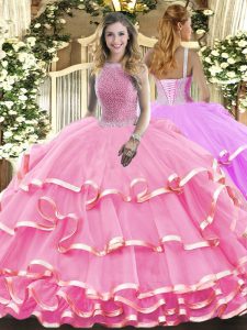 Floor Length Ball Gowns Sleeveless Rose Pink Sweet 16 Quinceanera Dress Lace Up