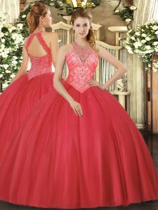 High Quality Sleeveless Tulle Floor Length Lace Up Ball Gown Prom Dress in Red with Beading