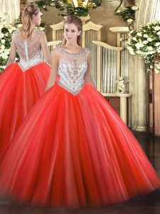 Ball Gowns 15 Quinceanera Dress Coral Red Scoop Tulle Sleeveless Floor Length Zipper