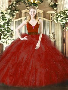 Floor Length Zipper Quinceanera Dress Wine Red for Military Ball and Sweet 16 and Quinceanera with Beading and Ruffles