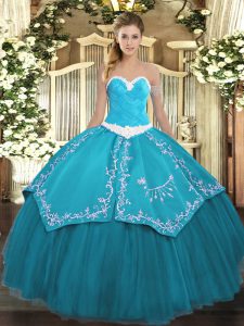 Best Selling Sweetheart Sleeveless Sweet 16 Dress Floor Length Appliques and Embroidery Teal Organza and Taffeta