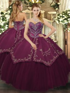 Decent Burgundy Ball Gowns Beading and Pattern Ball Gown Prom Dress Lace Up Taffeta and Tulle Sleeveless Floor Length
