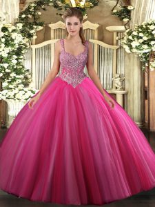 Hot Pink Sleeveless Floor Length Beading Lace Up Quinceanera Gown