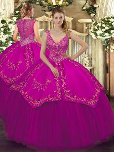 Flare Fuchsia Zipper Sweet 16 Quinceanera Dress Beading and Embroidery Sleeveless Floor Length