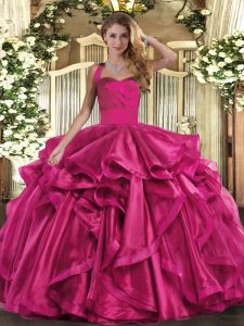 Fuchsia Sweet 16 Dresses Military Ball and Sweet 16 and Quinceanera with Ruffles Halter Top Sleeveless Lace Up