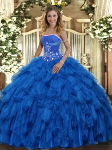 Royal Blue Lace Up Strapless Beading and Ruffles 15th Birthday Dress Organza Sleeveless
