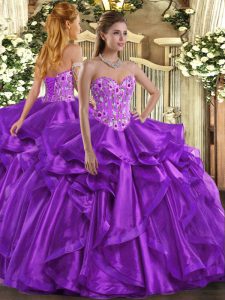 Sleeveless Organza Floor Length Lace Up Sweet 16 Quinceanera Dress in Eggplant Purple with Embroidery and Ruffles