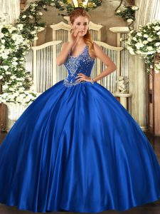 Royal Blue Ball Gowns Satin Straps Sleeveless Beading Floor Length Lace Up Vestidos de Quinceanera