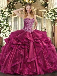 Delicate Beading and Ruffles 15 Quinceanera Dress Wine Red Lace Up Sleeveless Floor Length