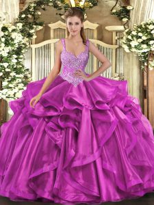 Custom Fit Fuchsia Ball Gowns Organza Straps Sleeveless Beading and Ruffles Floor Length Lace Up 15 Quinceanera Dress