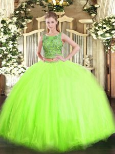 Modern Sleeveless Tulle Floor Length Lace Up Quince Ball Gowns in with Beading