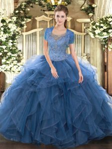 Floor Length Teal Quinceanera Gowns Tulle Sleeveless Beading and Ruffled Layers