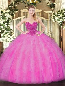 Trendy Sleeveless Organza Floor Length Lace Up 15 Quinceanera Dress in Fuchsia with Beading and Ruffles