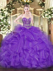 Excellent Lavender Ball Gowns Sweetheart Sleeveless Organza Floor Length Lace Up Beading and Ruffles Ball Gown Prom Dress