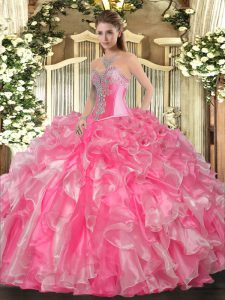 Deluxe Rose Pink Sleeveless Beading and Ruffles Floor Length Vestidos de Quinceanera