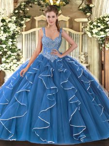 Vintage V-neck Sleeveless Lace Up Quinceanera Gown Blue Tulle