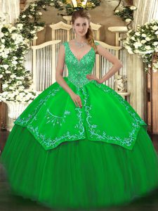 Green Taffeta and Tulle Zipper Sweet 16 Dress Sleeveless Floor Length Beading and Embroidery