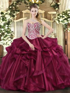 Wine Red Organza Lace Up Ball Gown Prom Dress Sleeveless Floor Length Beading and Ruffles